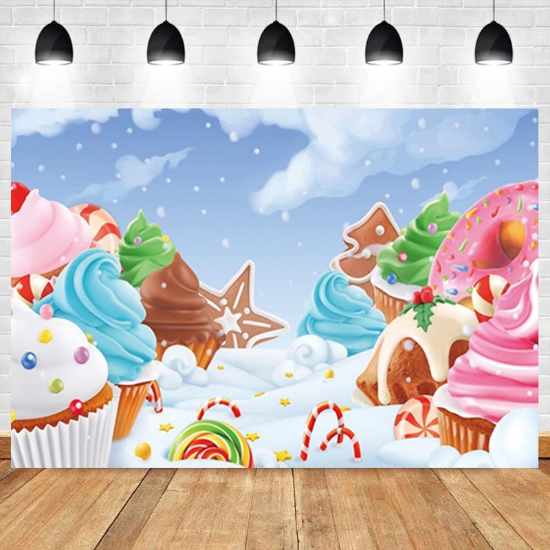 Renaiss 5x3ft Winter Candyland Backdrop Cartoon Sweet Dessert Ice Cream Cupcakes Donut Lollipop Snow Photography Background Kids Baby Shower Candy Theme Birthday Party Decor Photo Studio Props - Image 2